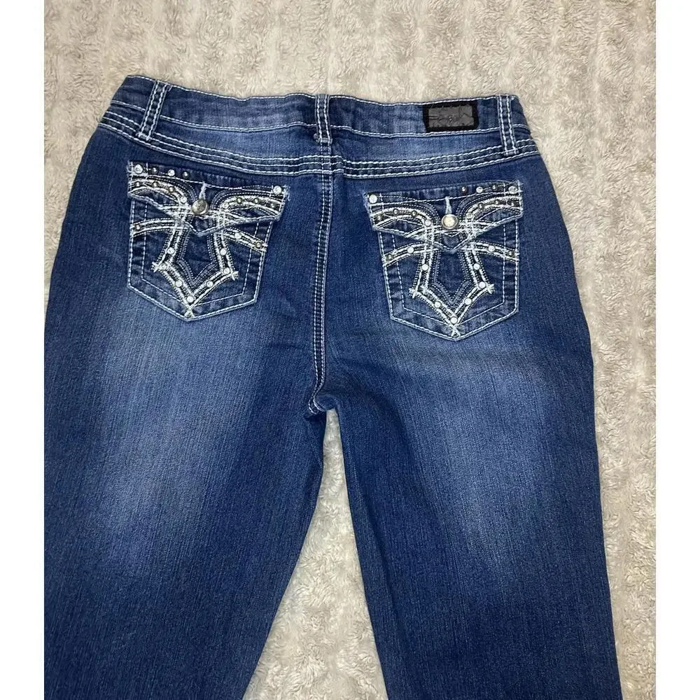 Vtg Earl Jeans Y2K medium wash rhinestone embellished denim capris Size 8